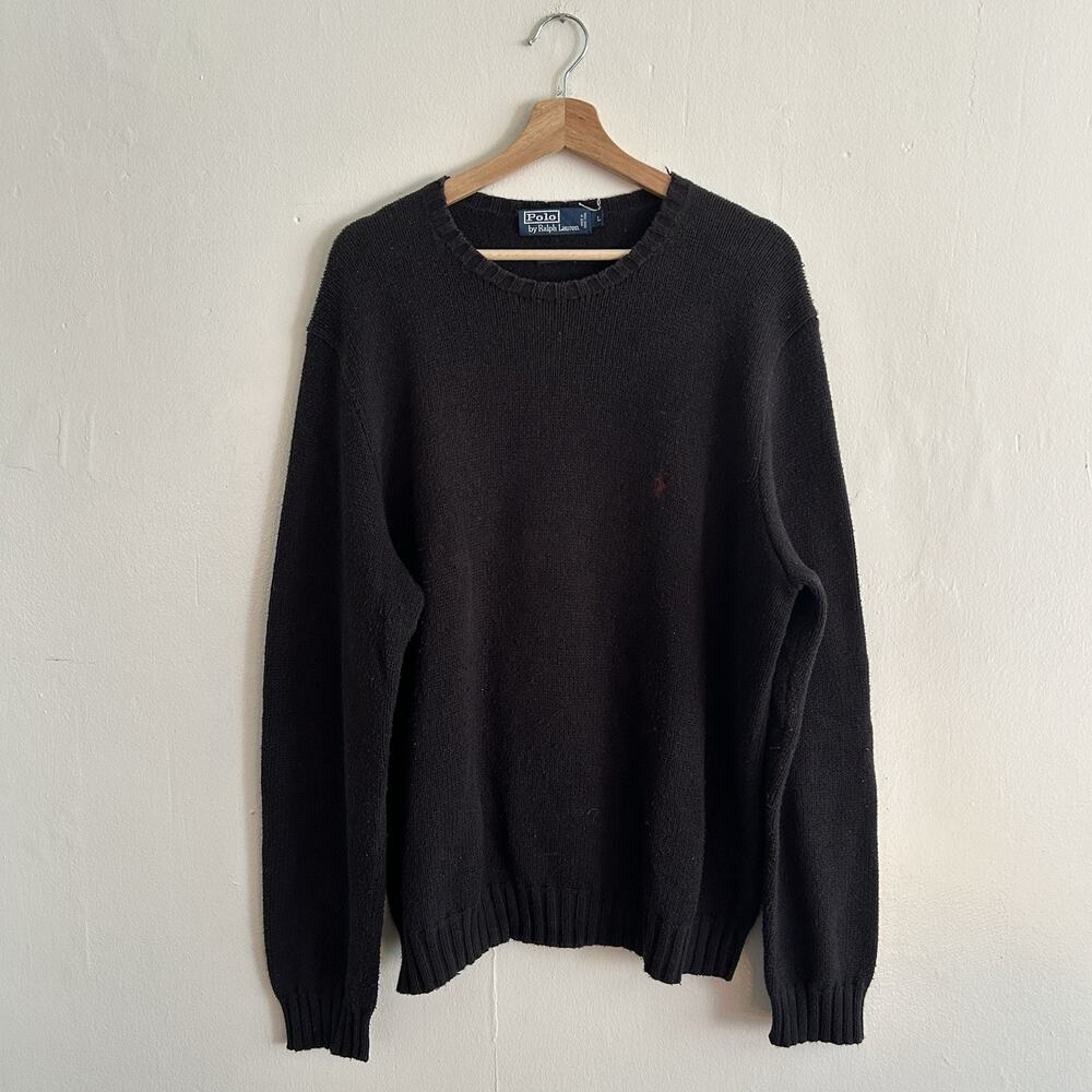 Vintage Polo Ralph Lauren Sweater All Cotton Knit Solid Black Washed Size Large